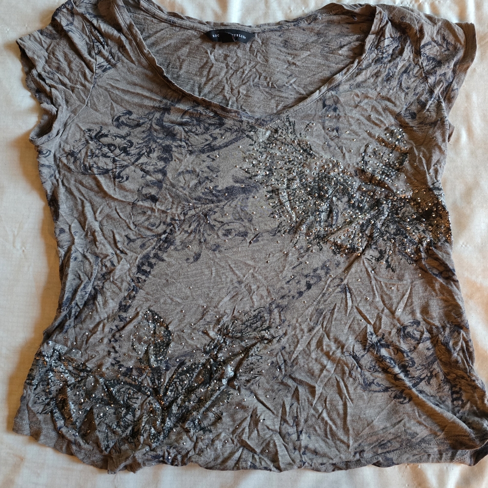 Rock & Republic Embellished Brown Short Sleeve Top